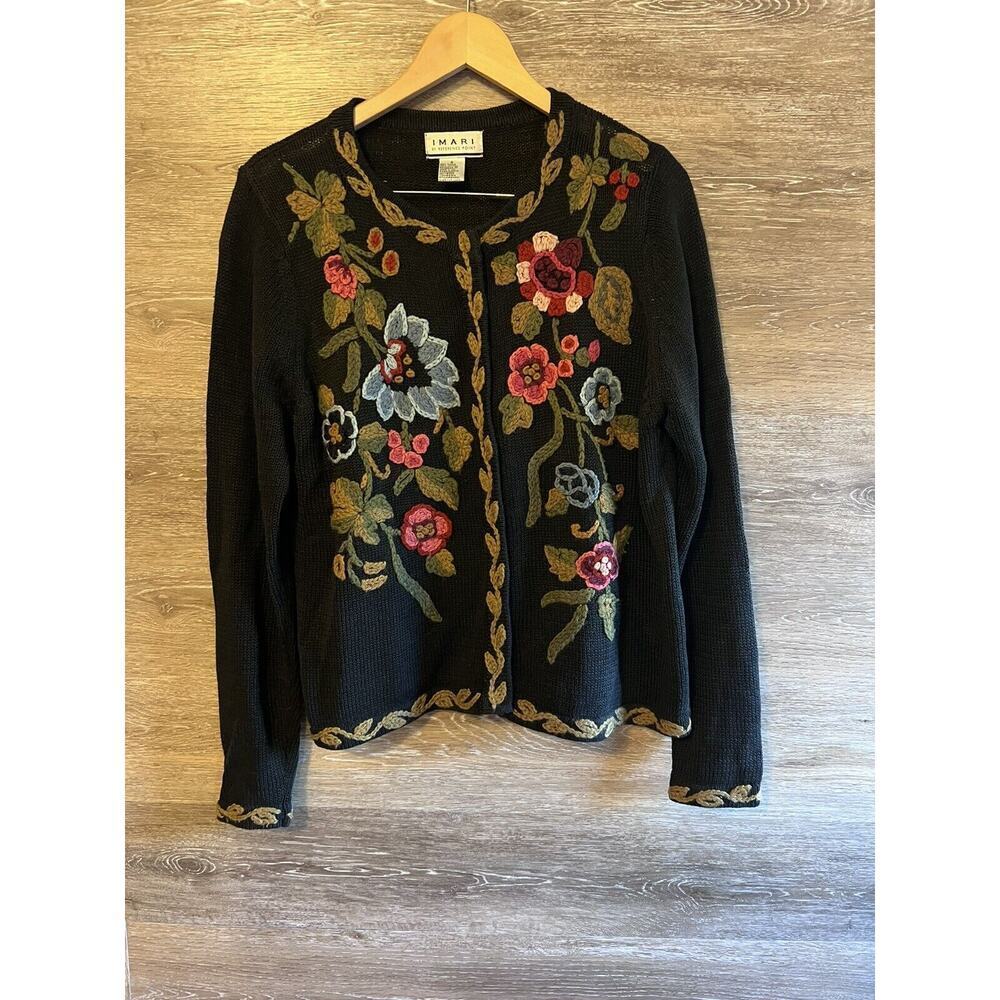 Vintage 80s Imari Granny Sweater Vest Womens M Black Crochet Flowers Boho Artsy